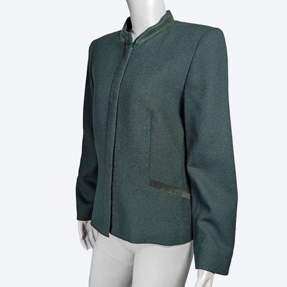 Pendleton Emerald Green Wool Blazer with Mandarin Collar and Velvet Trim | 10 - Picture 2 of 10